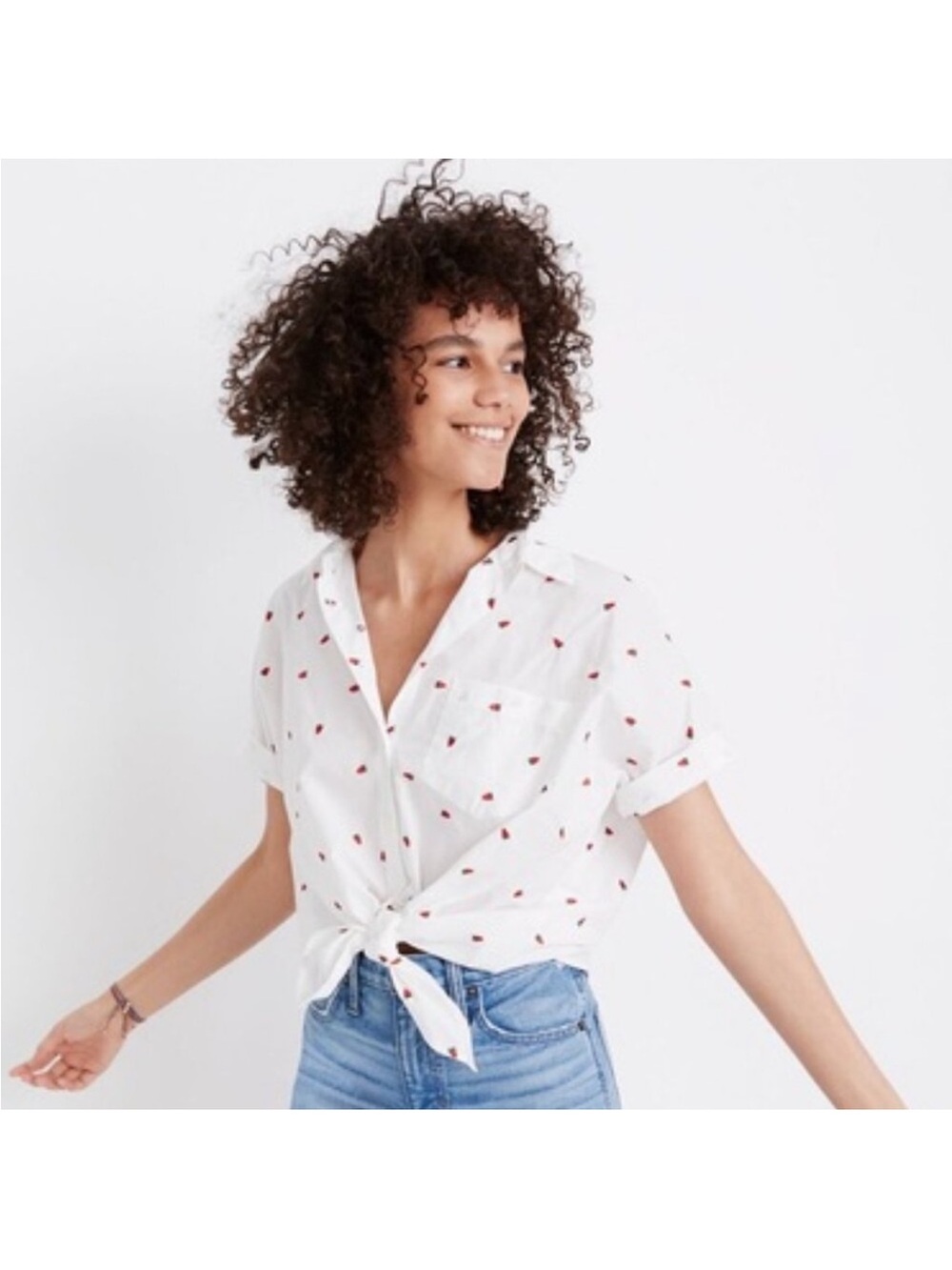 Madewell Tie-Front Short Sleeve Shirt with strawberry Print